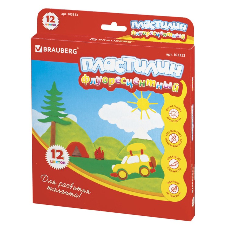Пластилин флуоресцентный Brauberg 12 цветов 180 г со стеком 103353