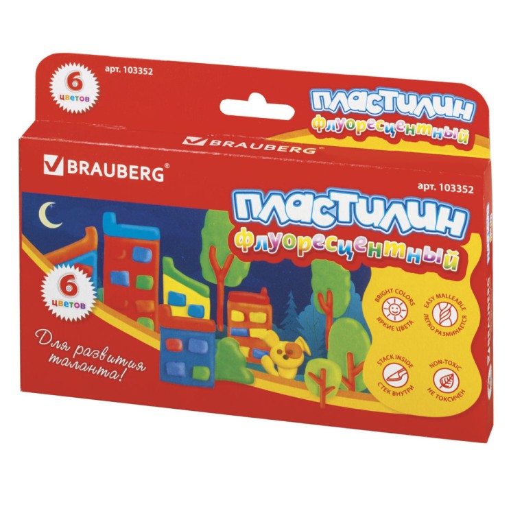Пластилин флуоресцентный Brauberg 6 цветов 90 г со стеком 103352