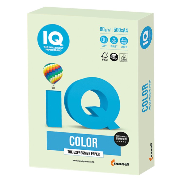 Бумага цветная для принтера IQ Color А4, 80 г/м2, 500 листов, светло-зеленая, GN27