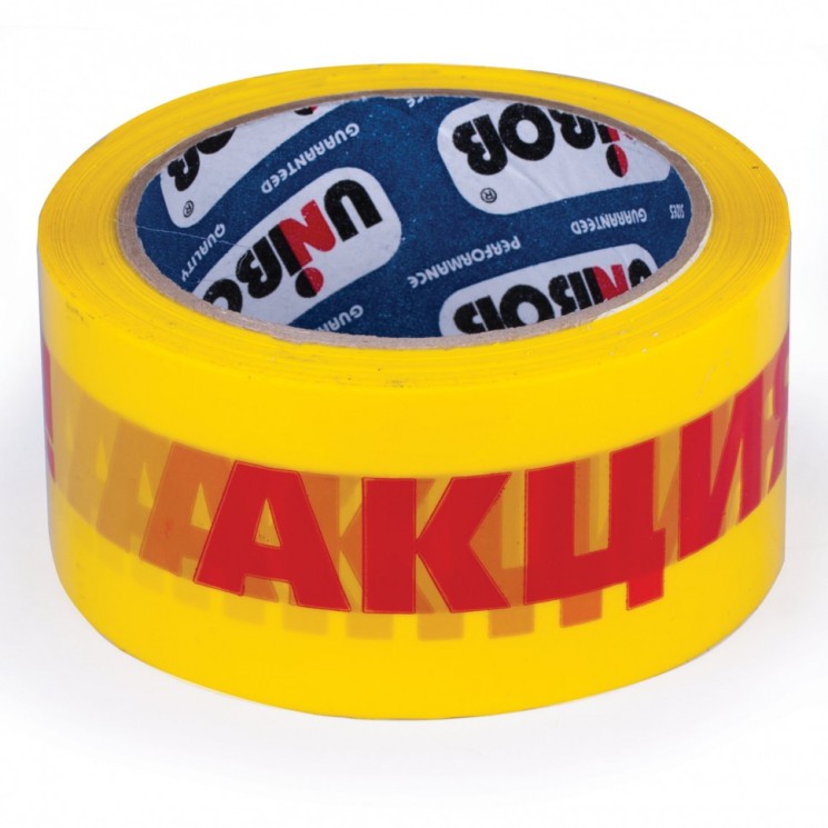 Скотч 50 мм х 66 м желтый надпись "АКЦИЯ!" 50 мкм Unibob цена за 6 шт