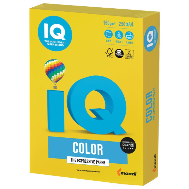 Бумага цветная для принтера IQ Color А4, 160 г/м2, 250 листов, ярко-желтая, IG50