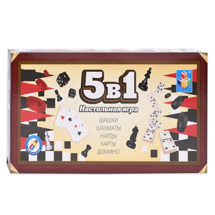 Игра магнитная 1TOY 5 в 1 (шашки, шахматы, нарды, карты, домино) Т12060