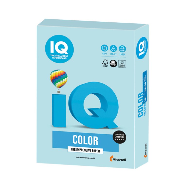 Бумага цветная для принтера IQ Color А4, 160 г/м2, 250 листов, голубая, MB30
