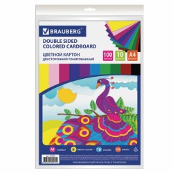 Картон цвеетной Brauberg А4, 100 листов 10 цветов, 220 г/м2, 124745