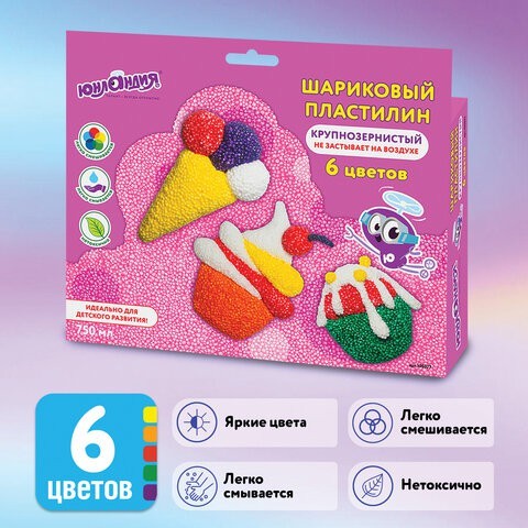 Пластилин шариковый незастывающий Юнландик Кондитер 6 цветов по 125 мл 105027