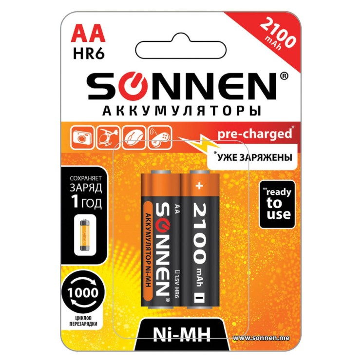 Батарейки аккумуляторные Sonnen HR06 (АА) Ni-Mh 2100 mAh 2 шт (454234)