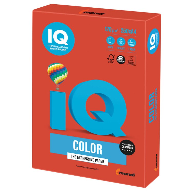 Бумага цветная для принтера IQ Color А4, 120 г/м2, 250 листов, кораллово-красная, CO44