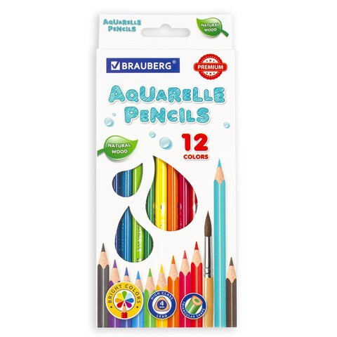 Карандаши цветные акварельные Brauberg Premium Aquarell 12 цветов 4 мм 181671