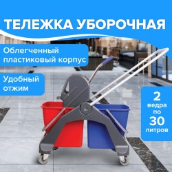 Тележка уборочная Brabix, 2 съемных ведра 30 л, механ. отжим, пластик. каркас, фикс. ручка, 606661