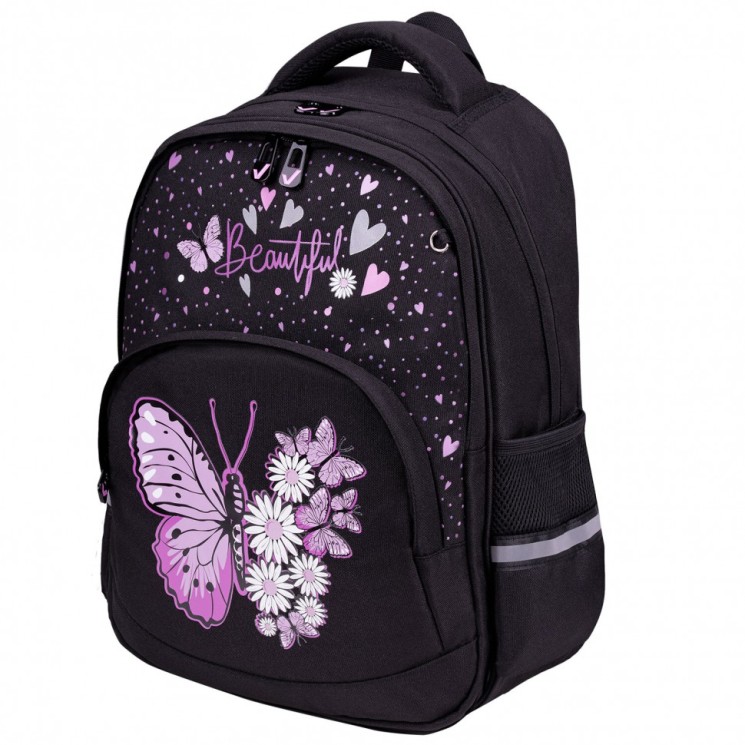 Рюкзак Brauberg Soft, 2 отделения, 3 кармана, Flower butterfly, светящийся, 40х31х15 см, 271365