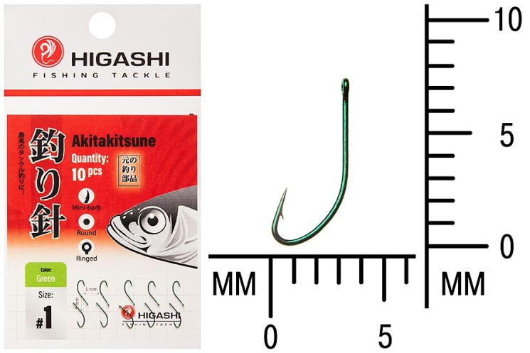 Крючок Higashi Akitakitsune ringed №1 Green (10 шт)