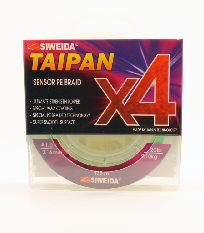 Леска плетеная Siweida Taipan Sensor PE Braid X4 135м 0,16мм (9,10кг) ярко-зеленая