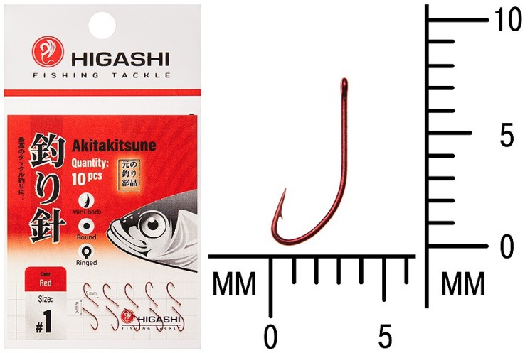 Крючок Higashi Akitakitsune ringed №1 Red (10 шт)