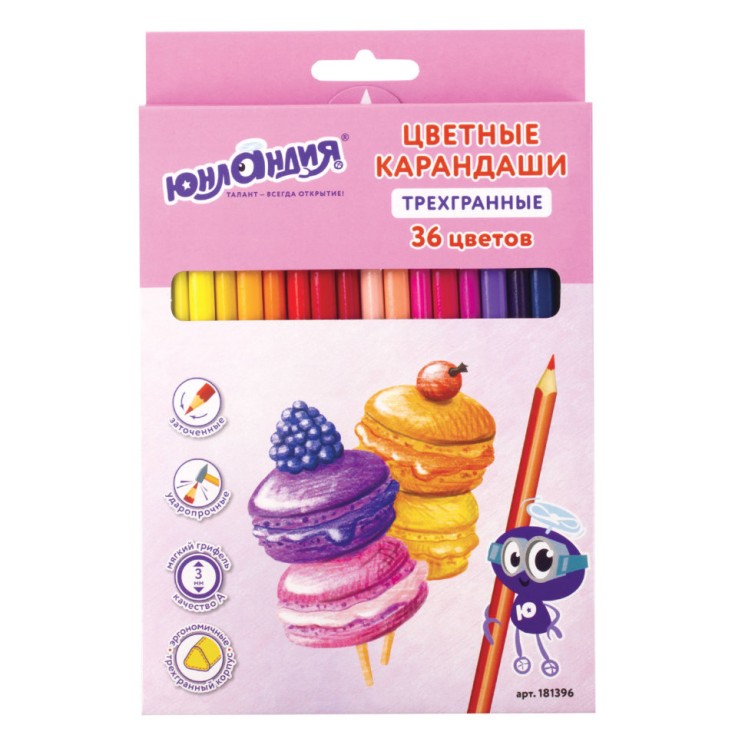Карандаши цветные трехгранные Юнландия Сладкие Истории 36 цветов 181396