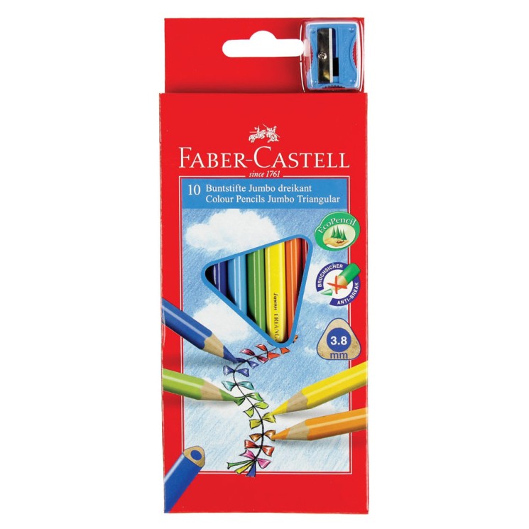 Карандаши цветные утолщенные трехгранные Faber Castell Jumbo 10 цветов с точилкой 116510