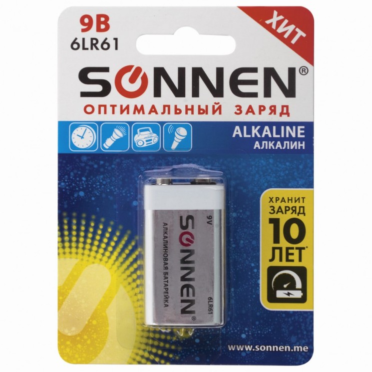 Батарейка алкалиновая Sonnen Alkaline 6LR61 (Крона) 1 шт 451092