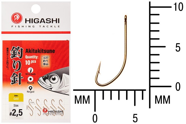 Крючок Higashi Akitakitsune ringed №2,5 Gold (10 шт)