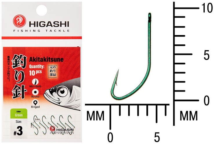 Крючок Higashi Akitakitsune ringed №3 Green (10 шт)